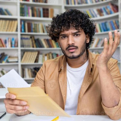 frustrated-young-indian-male-student-sitting-in-the-university-library-reading-a-letter-he-looks-at-the-camera-upset-and-spreads-his-hands-photo