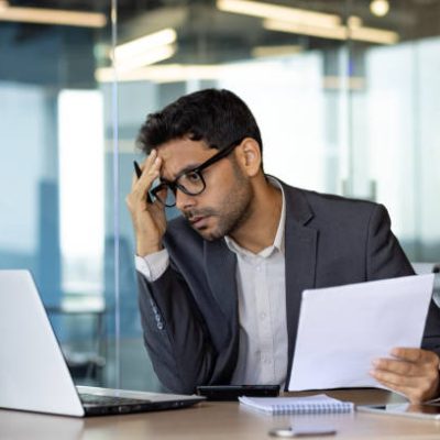 Serious thinking businessman at workplace, hispanic man upset thinking about financial reports, boss in business suit holding contract accounts, man unhappy with financial results of achievement.